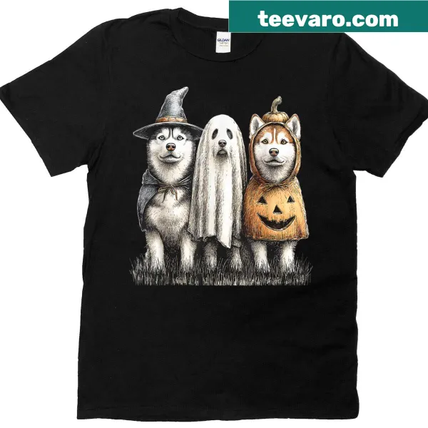 Cute Halloween t-shirt featuring a husky ghost and pumpkin
