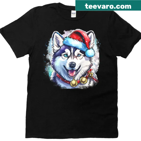 Christmas t-shirt featuring a husky with a Santa hat in a winter portrait