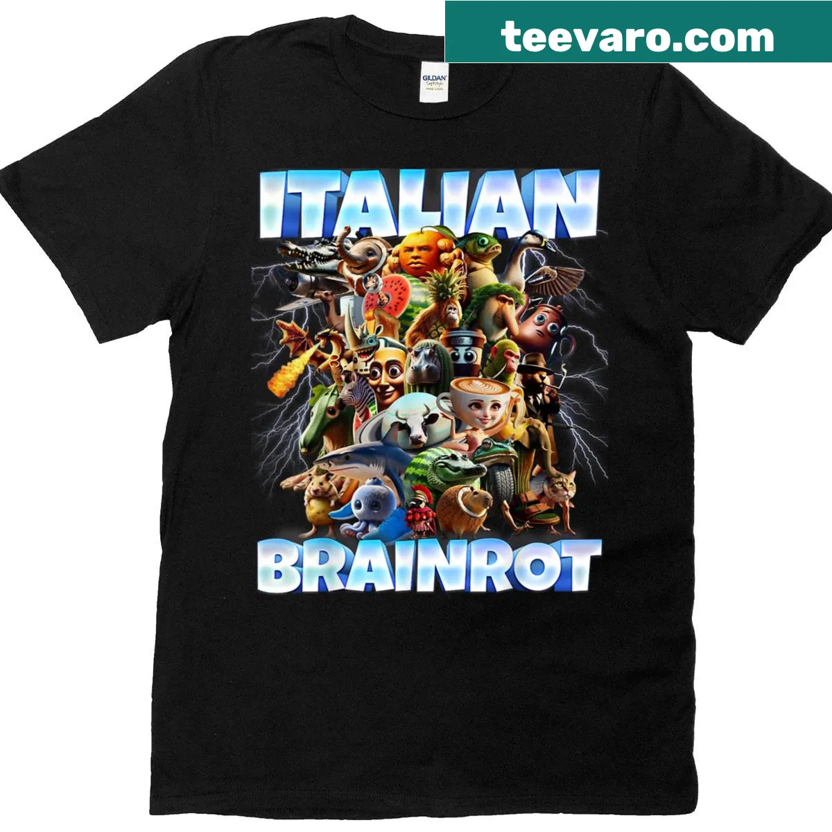 Funny meme-inspired T-shirt with Italian characters and humorous text. — on a men's t-shirt