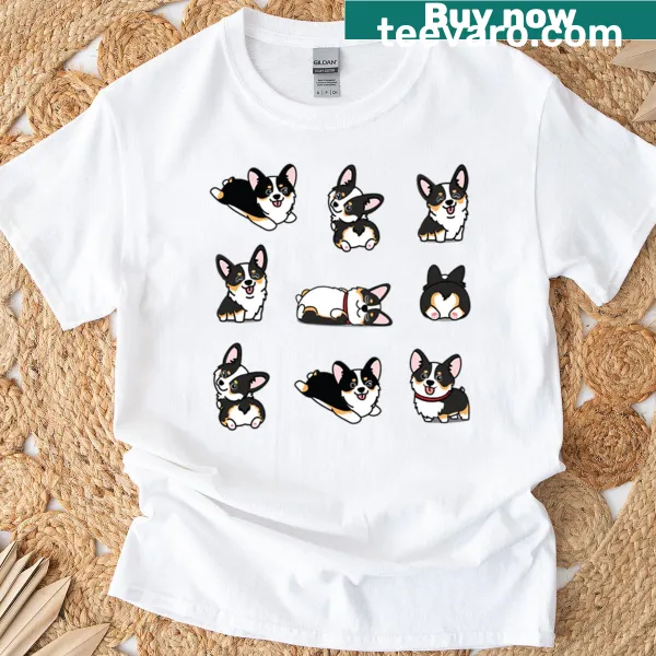 Cute tri-color kawaii corgi graphic on a T-shirt