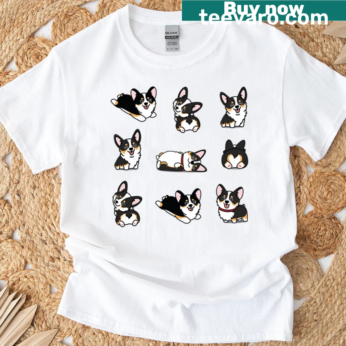 Cute tri-color kawaii corgi graphic on a T-shirt — on a men's t-shirt