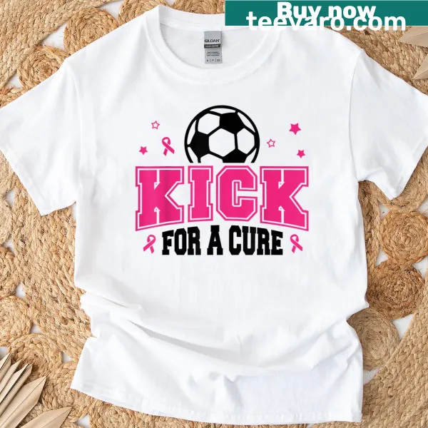 Soccer-themed T-shirt with pink ribbon for breast cancer awareness