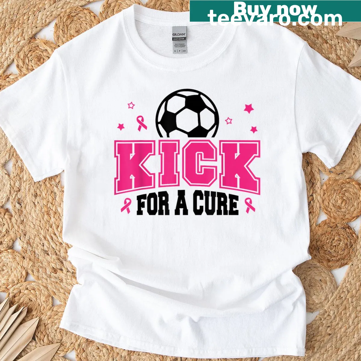 Soccer-themed T-shirt with pink ribbon for breast cancer awareness — on a men's t-shirt