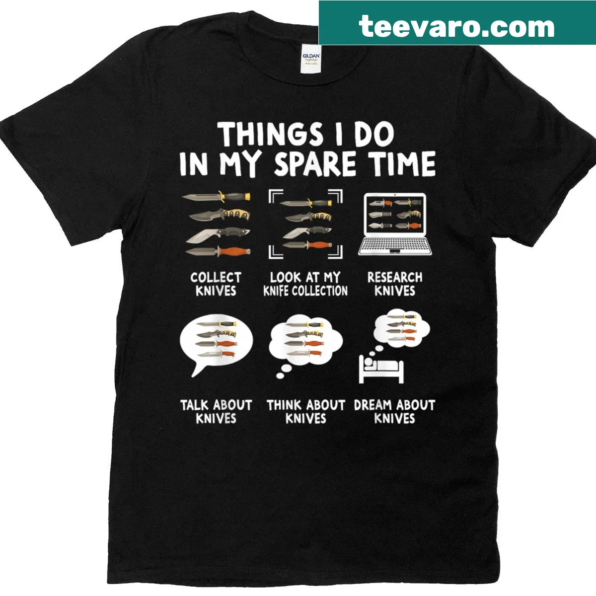 Illustration of a bladesmith forging knives on a black t-shirt — on a men's t-shirt