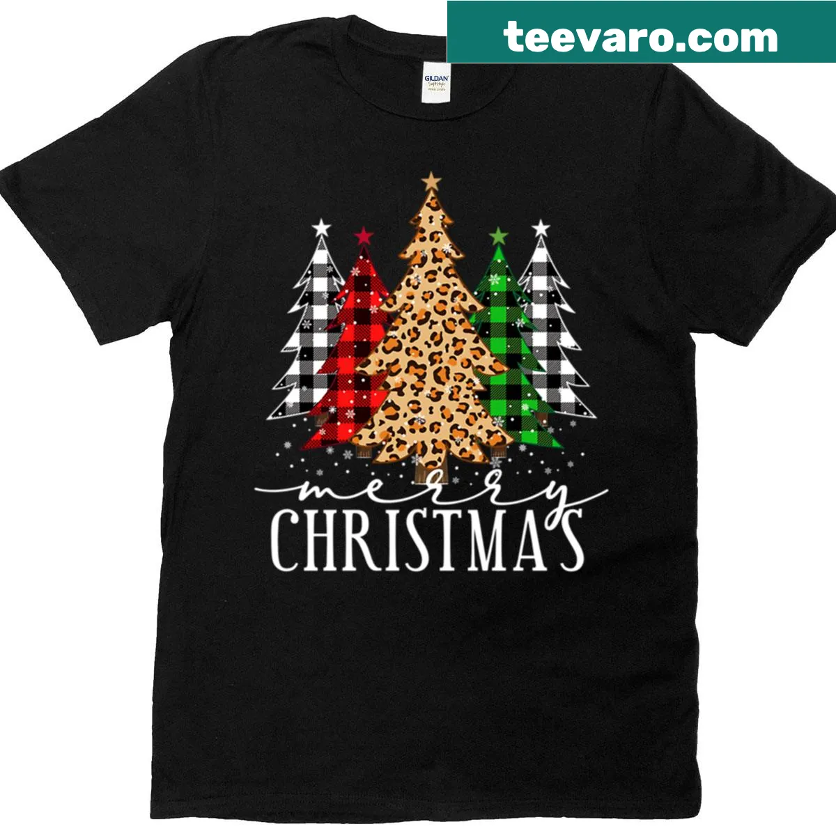 Christmas t-shirt with leopard print and plaid Christmas trees — on a men's t-shirt