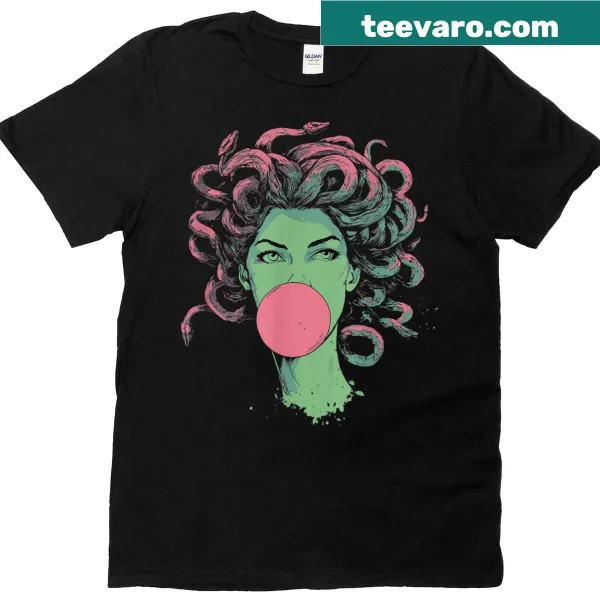 Medusa T-shirt featuring bubblegum snakes and mythical design