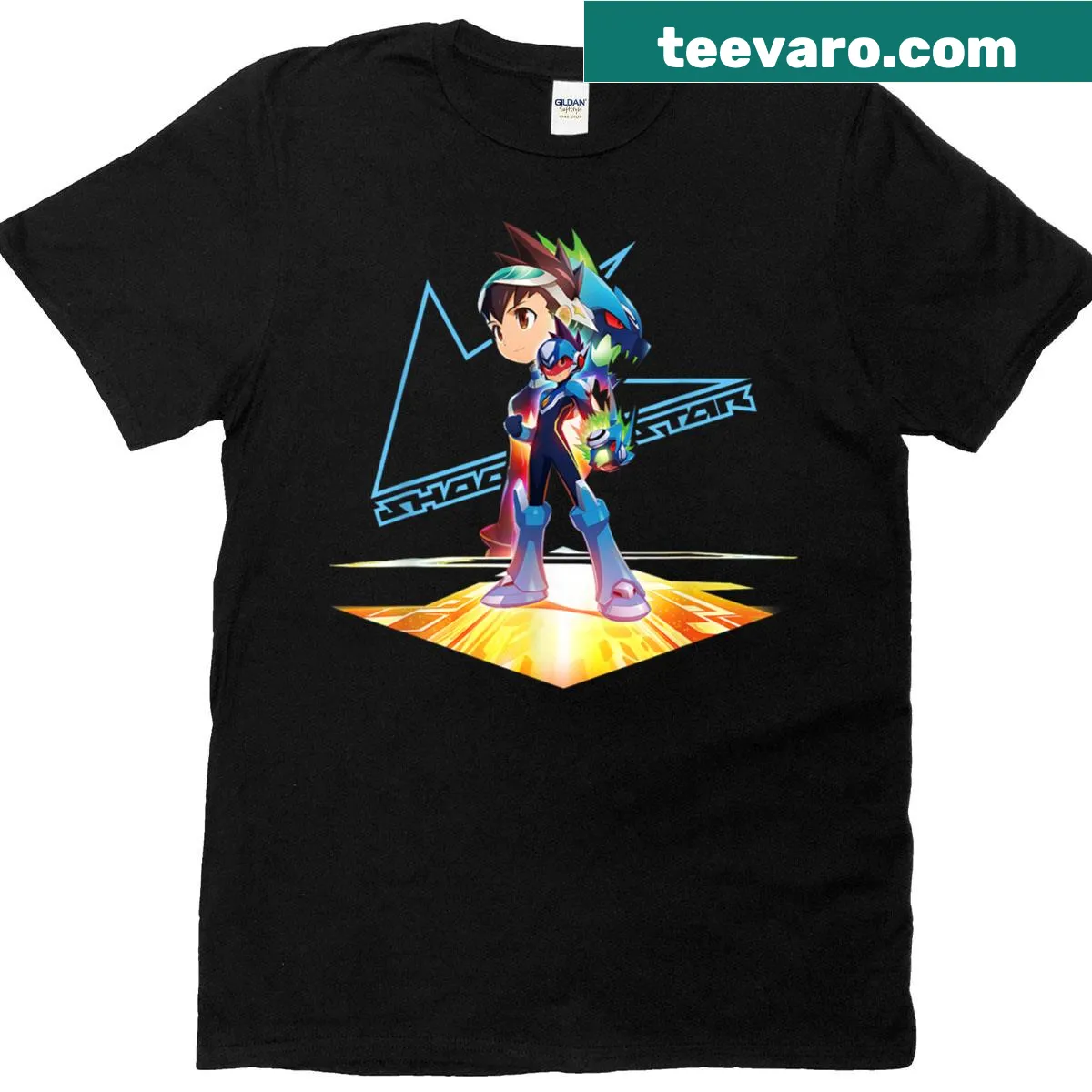 Mega Man Star Force T-shirt featuring classic gaming imagery — on a men's t-shirt