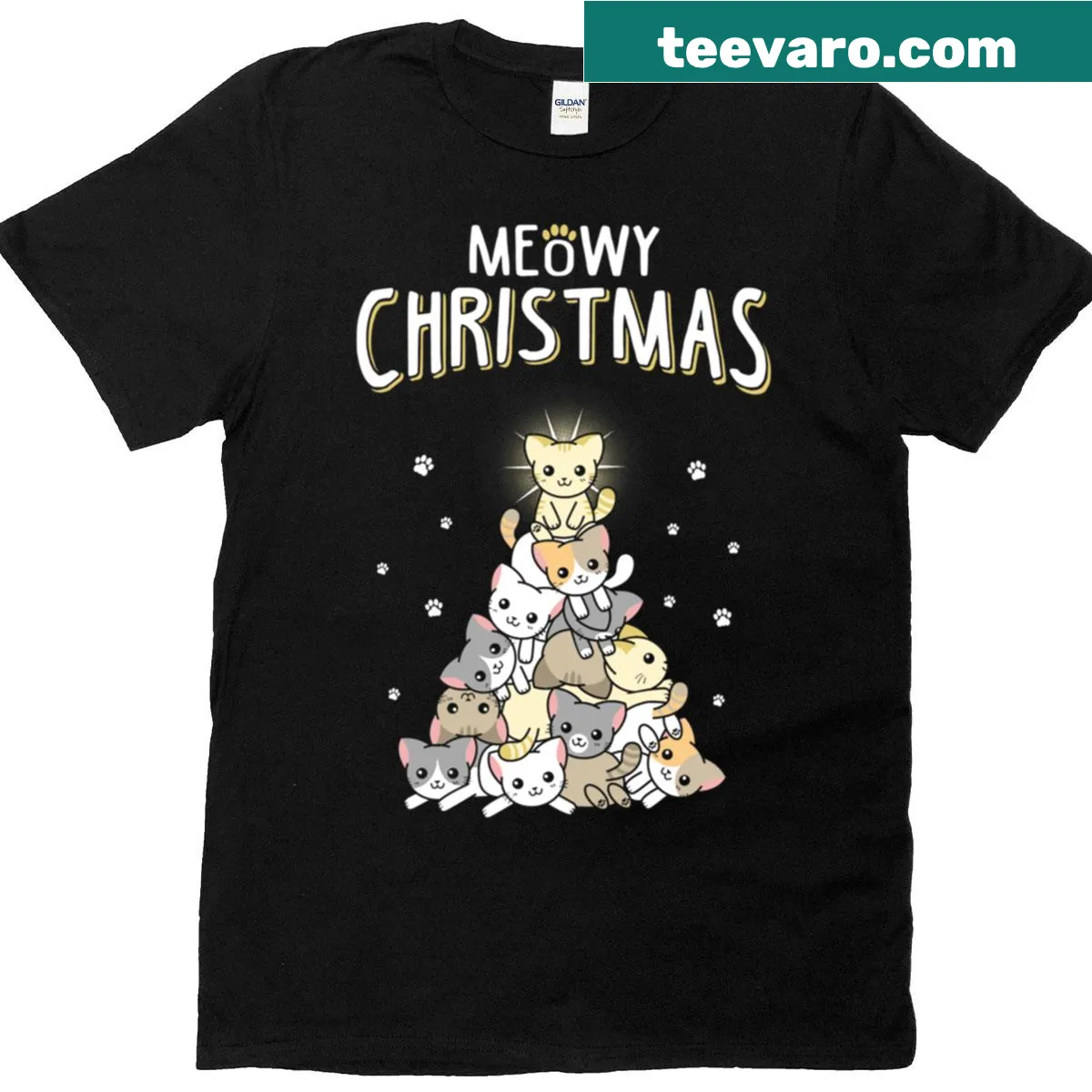 Cat-themed Meowy Christmas t-shirt — on a men's t-shirt