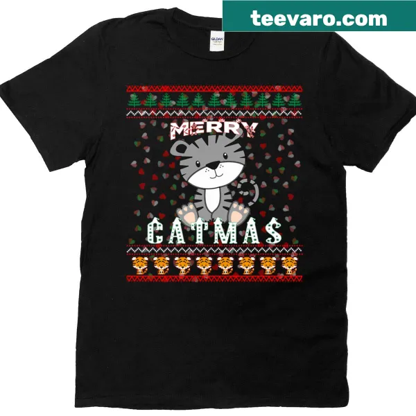 Oversized Merry Catmas t-shirt with cat-themed holiday illustrations