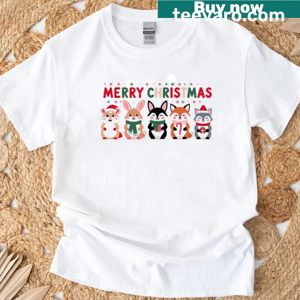 Kawaii T-shirt with adorable animals celebrating Christmas