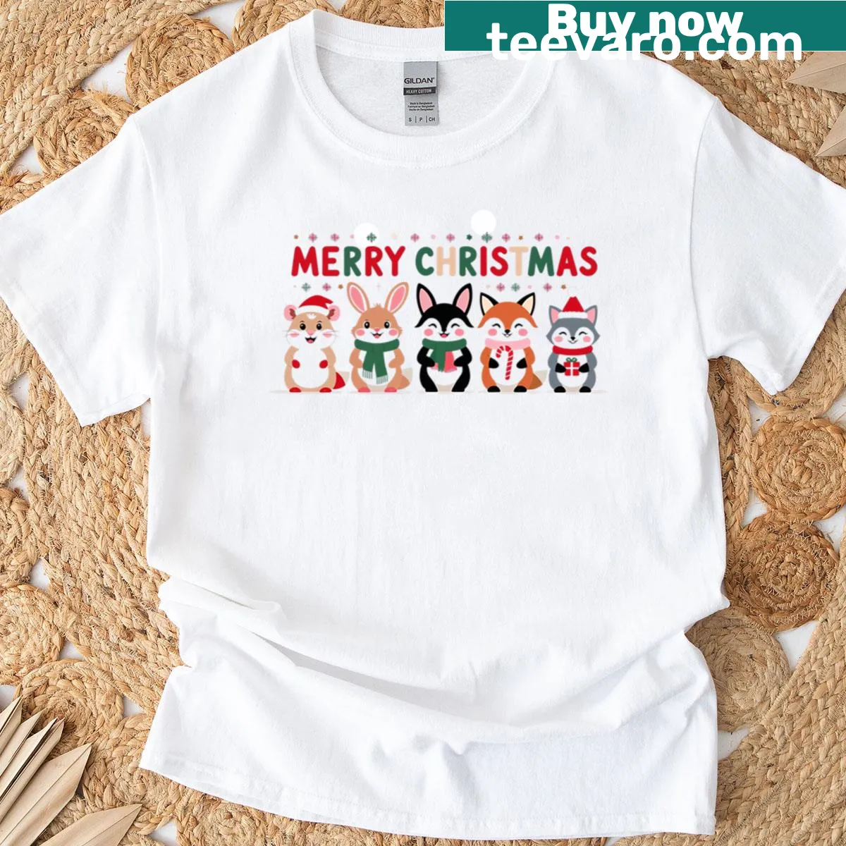Kawaii T-shirt with adorable animals celebrating Christmas — on a men's t-shirt