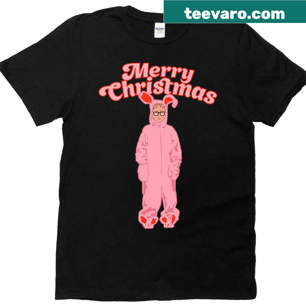 Ralphie from Christmas Story in pink bunny costume t-shirt — on a men's t-shirt