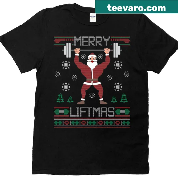 Funny Christmas workout T-shirt with weights and holiday decorations