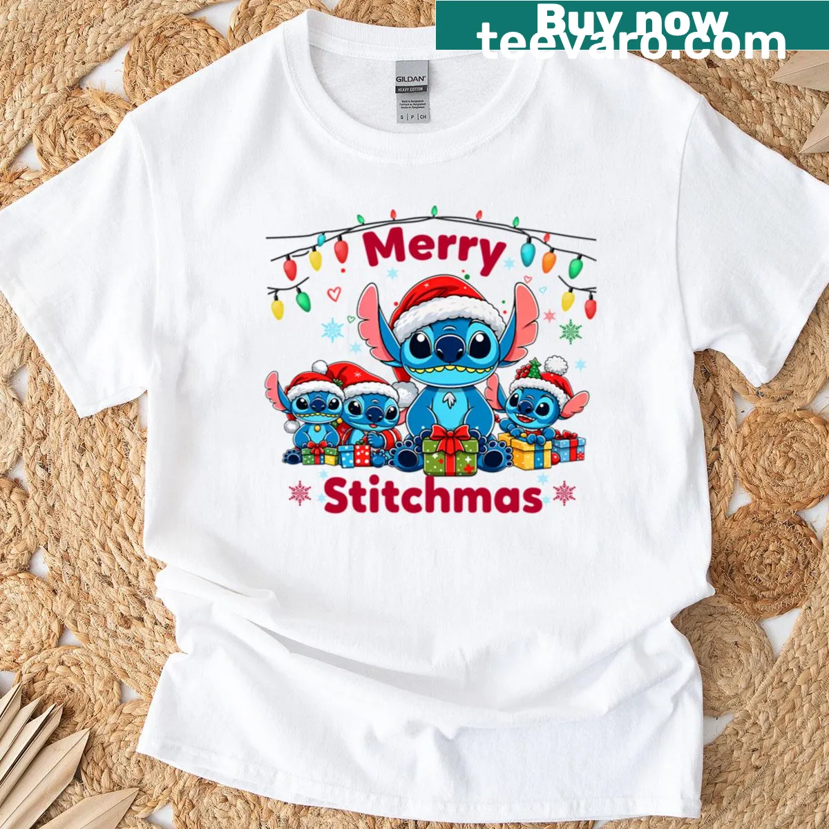 Whimsical T-shirt featuring 'Merry Stitchmas' and festive design elements — on a men's t-shirt