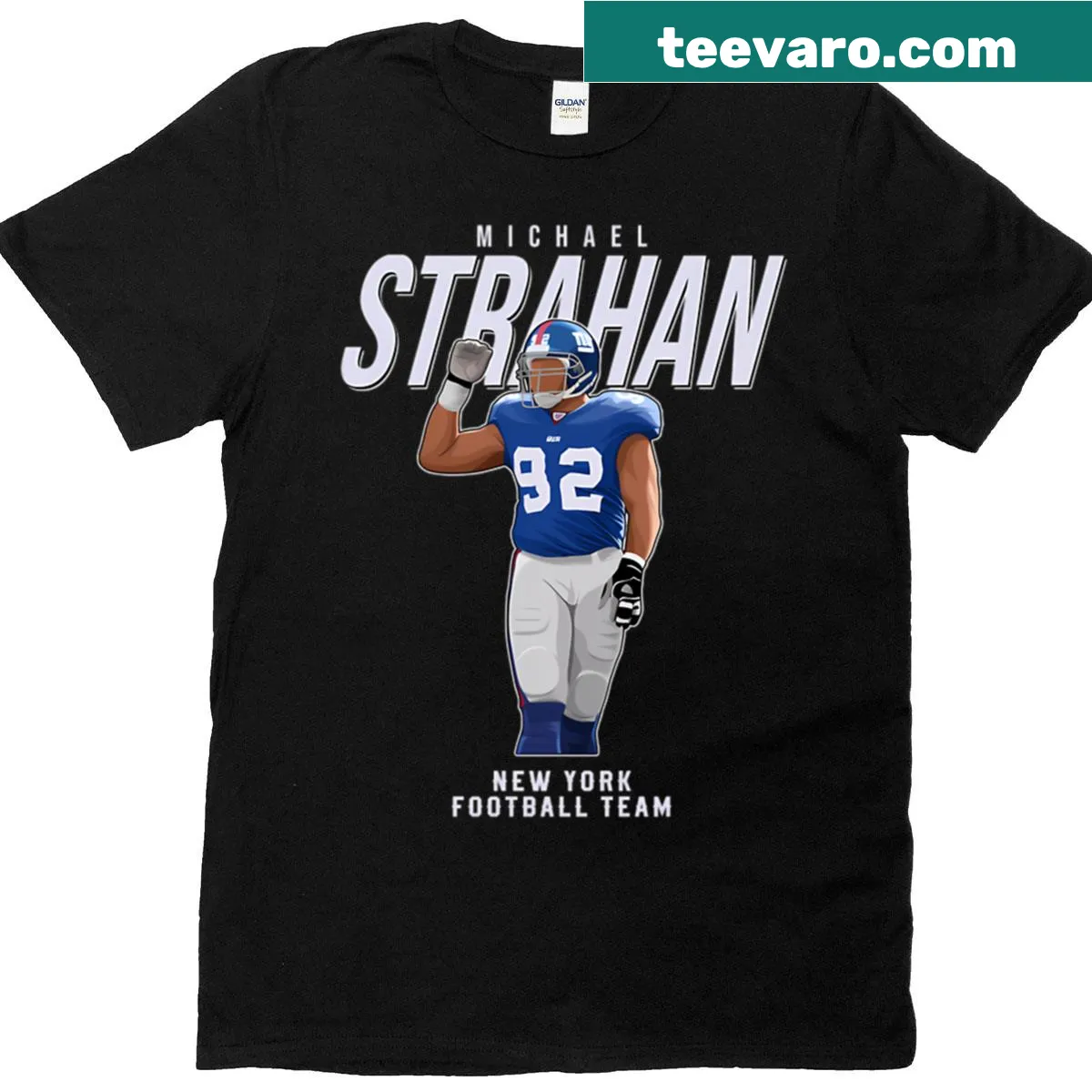 T-shirt featuring Michael Strahan's number 92 and team logo — on a men's t-shirt