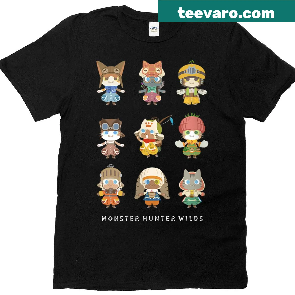 Illustrated Palicos supporting hunters in a gaming-themed design — on a men's t-shirt