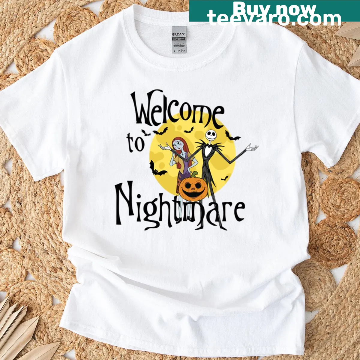 Charming Halloween-themed t-shirt with love story illustrations — on a men's t-shirt