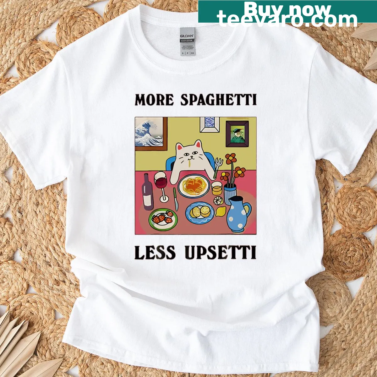 Cute cat saying: More Spaghetti Less Upsetti on a t-shirt — on a men's t-shirt
