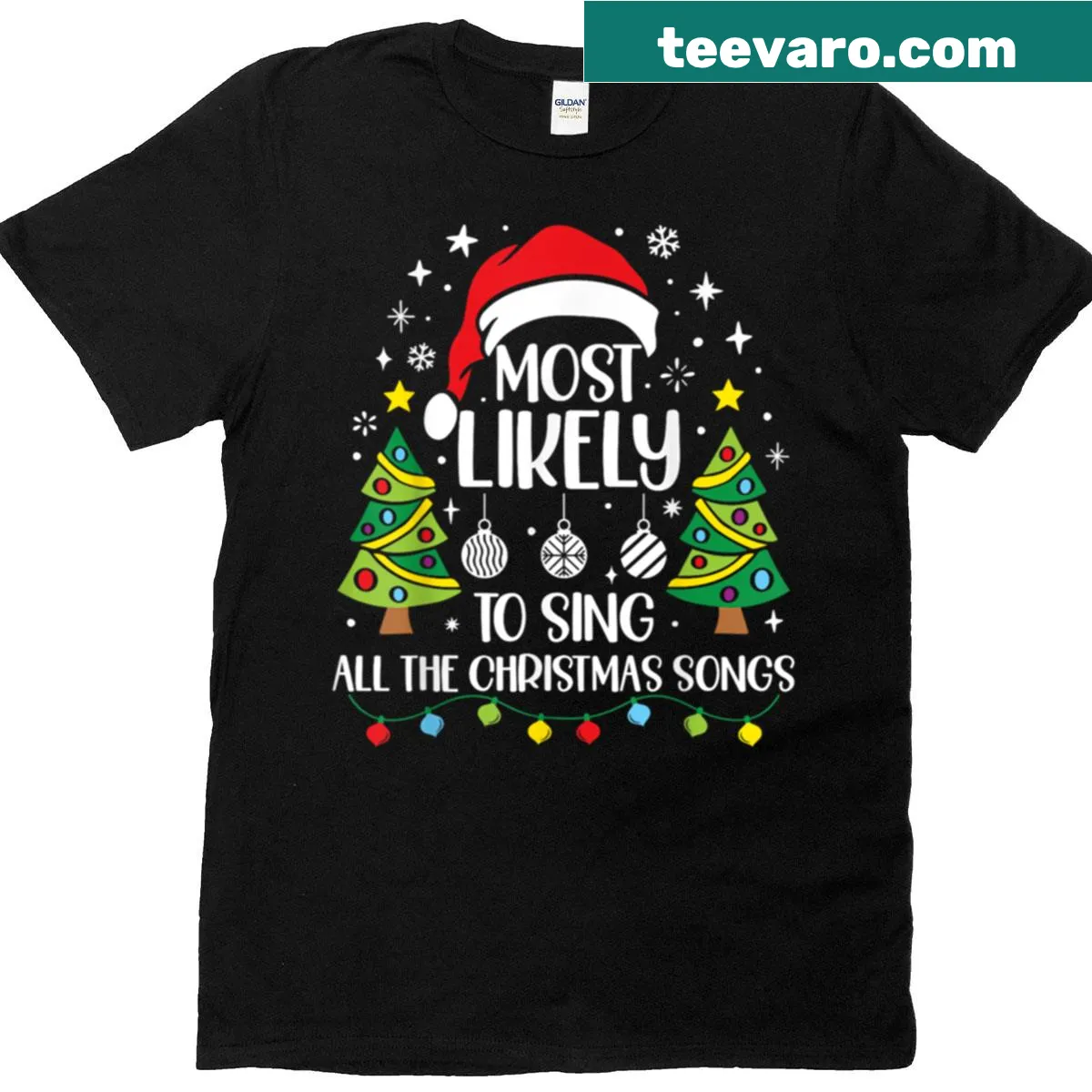 Family matching T-shirt with 'Most Likely To Sing The Christmas Songs' design — on a men's t-shirt