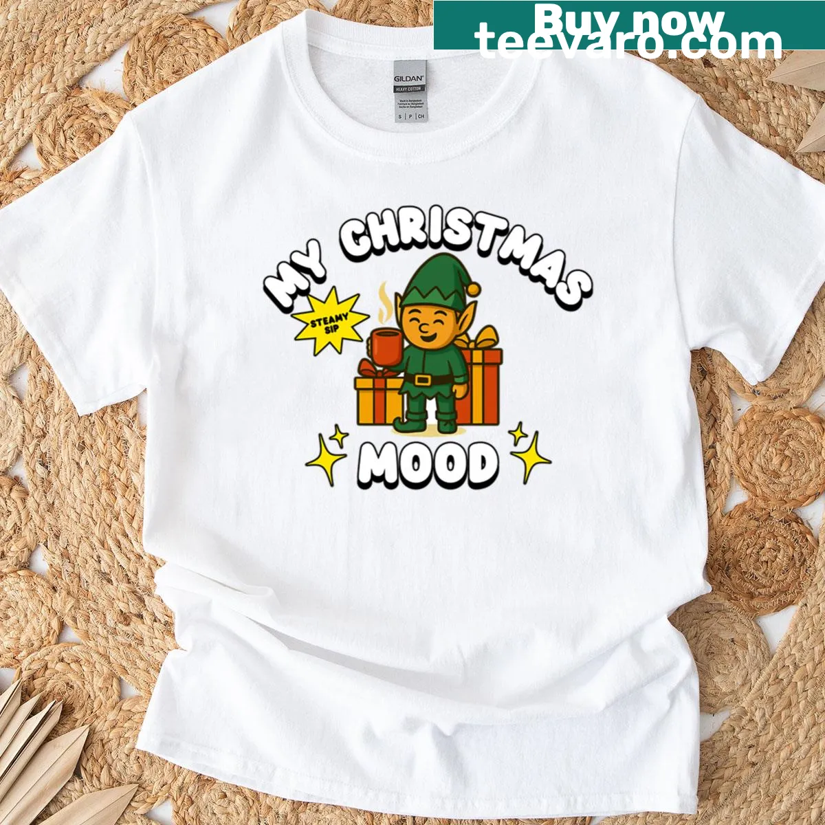 T-shirt featuring whimsical Christmas mood design inspired by Elf — on a men's t-shirt