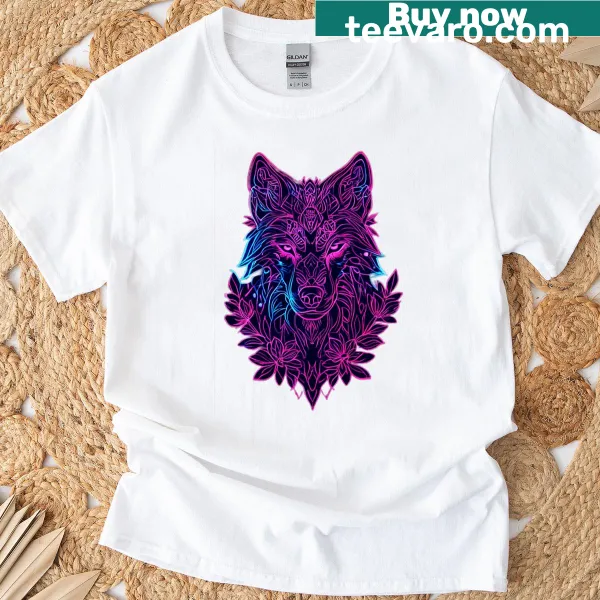 Geometric neon wolf graphic t-shirt with floral accents