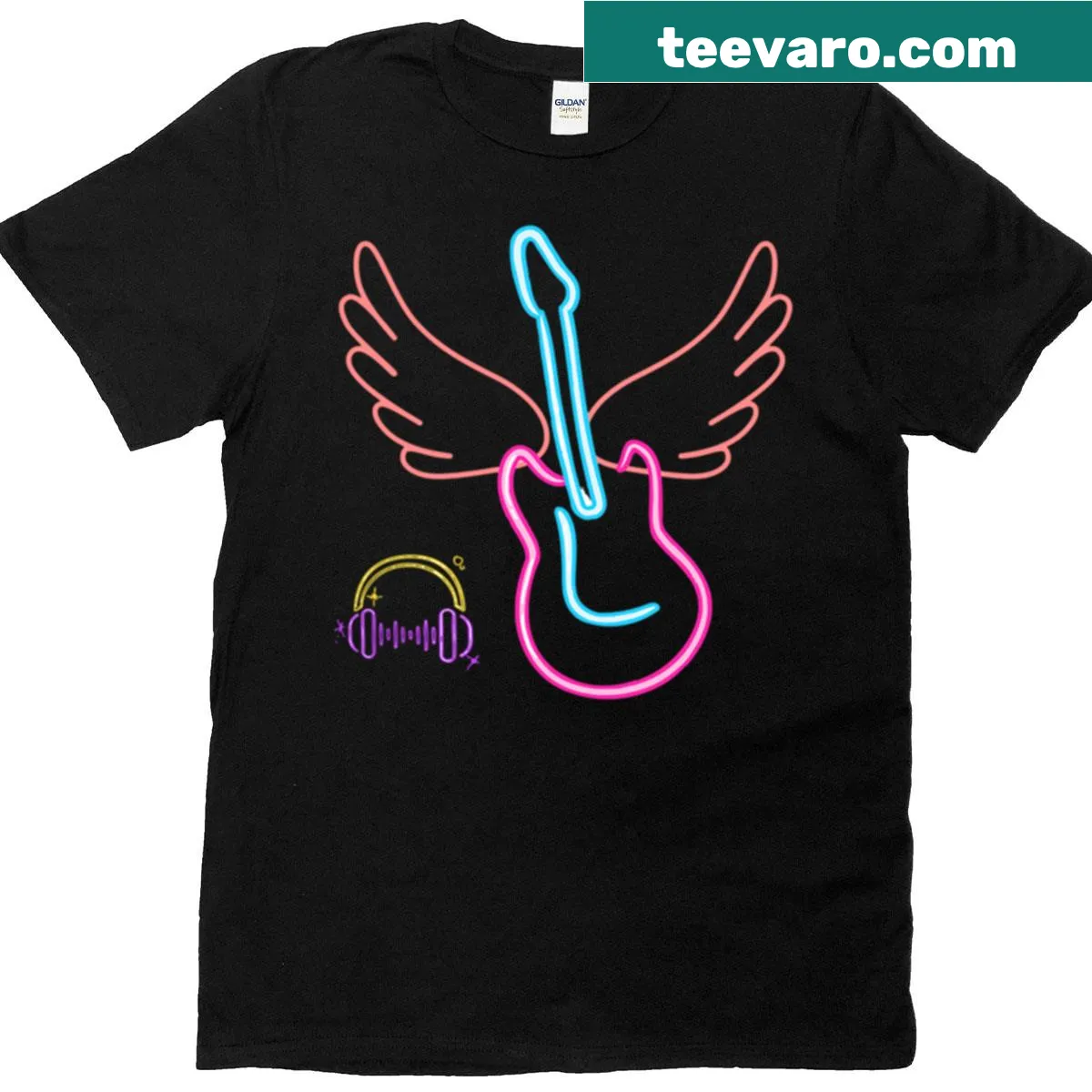 Illustration of a winged electric guitar in a rock and roll style — on a men's t-shirt