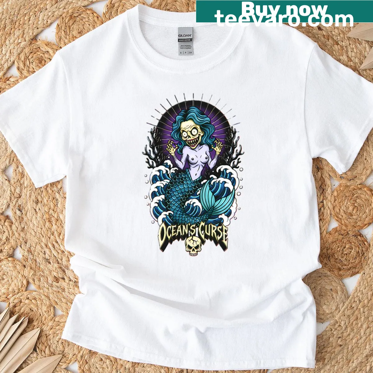 Retro horror-themed T-shirt featuring a spooky siren design — on a men's t-shirt