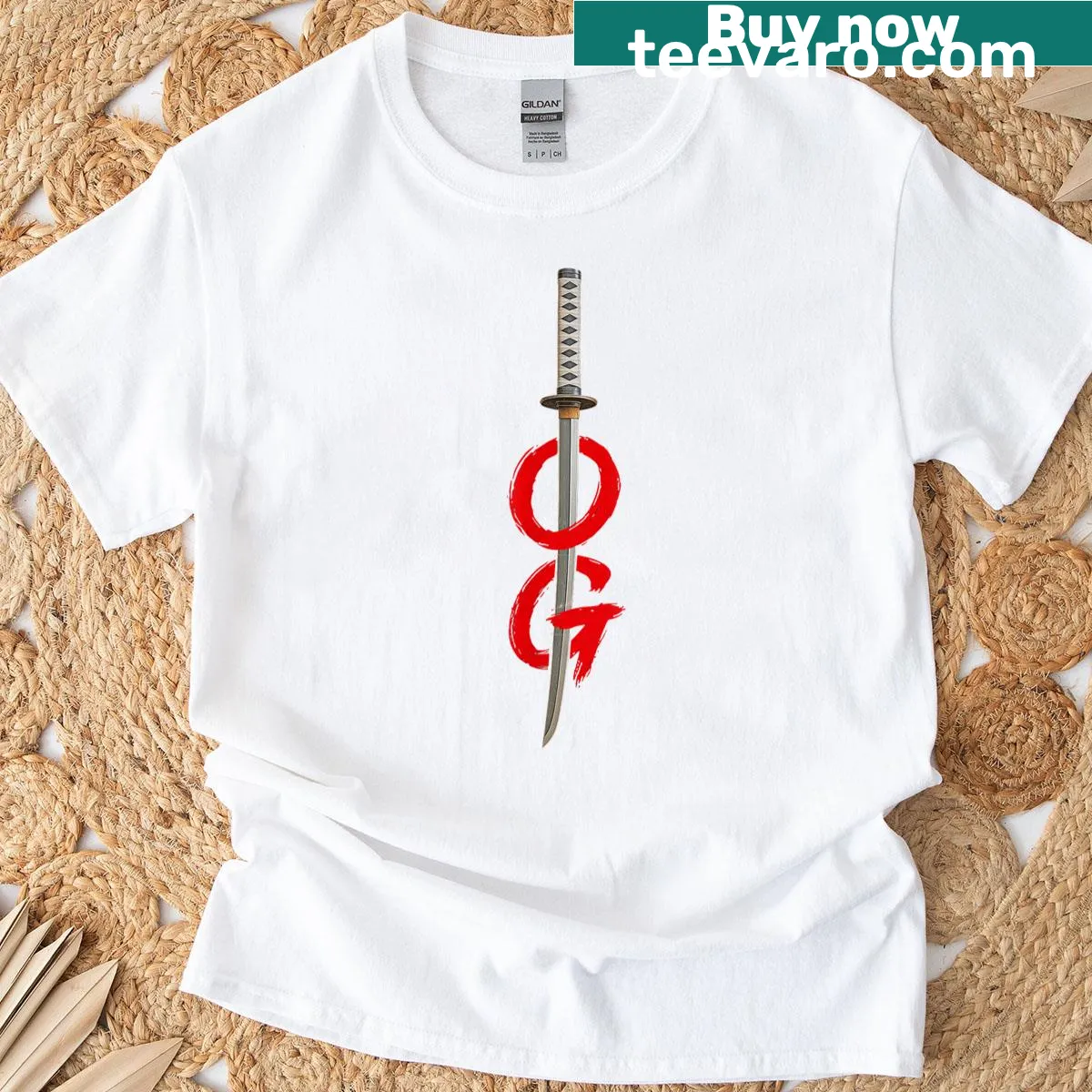 Bold red sword graphic T-shirt with brush design — on a men's t-shirt