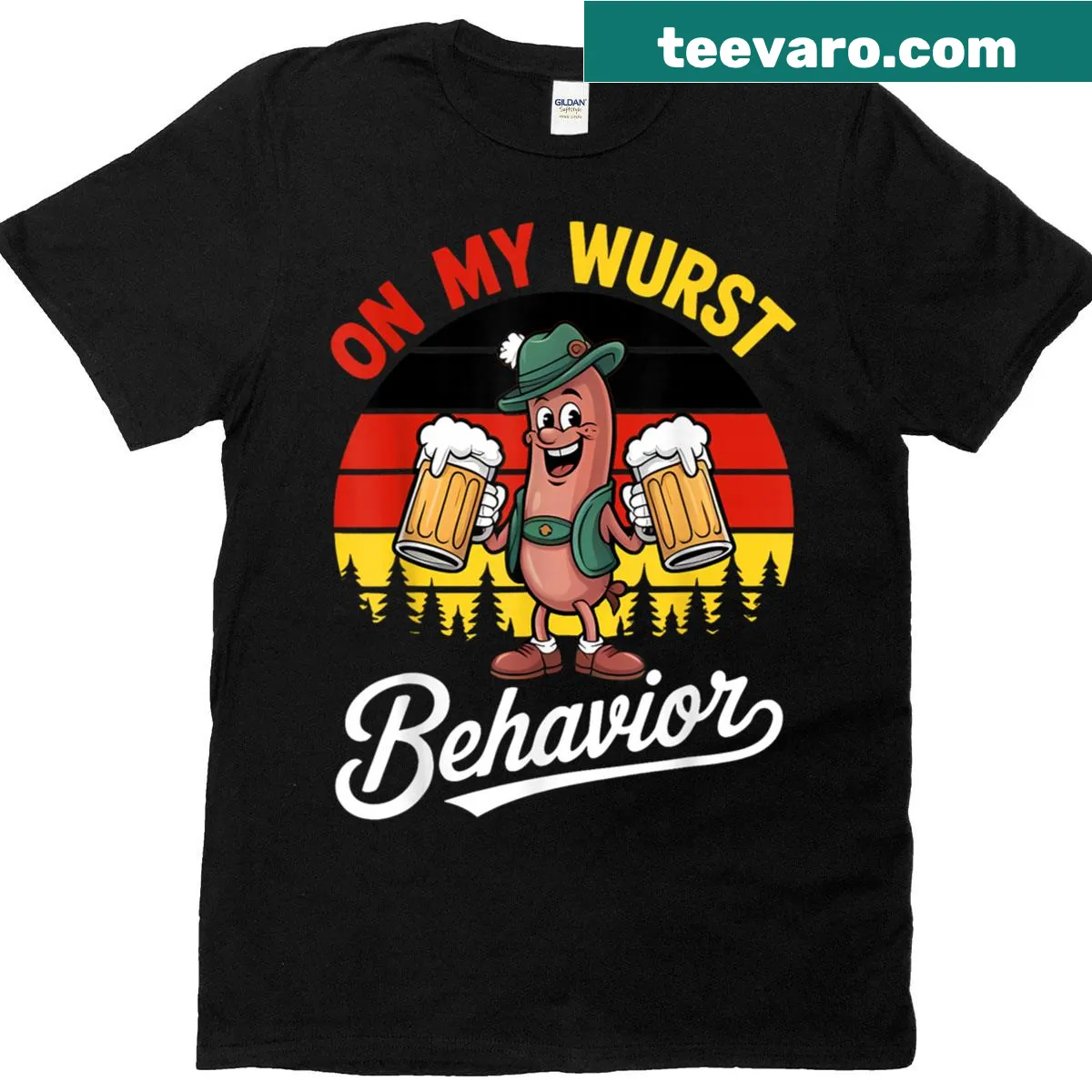 Funny Oktoberfest t-shirt with 'On My Wurst Behavior' text design. — on a men's t-shirt