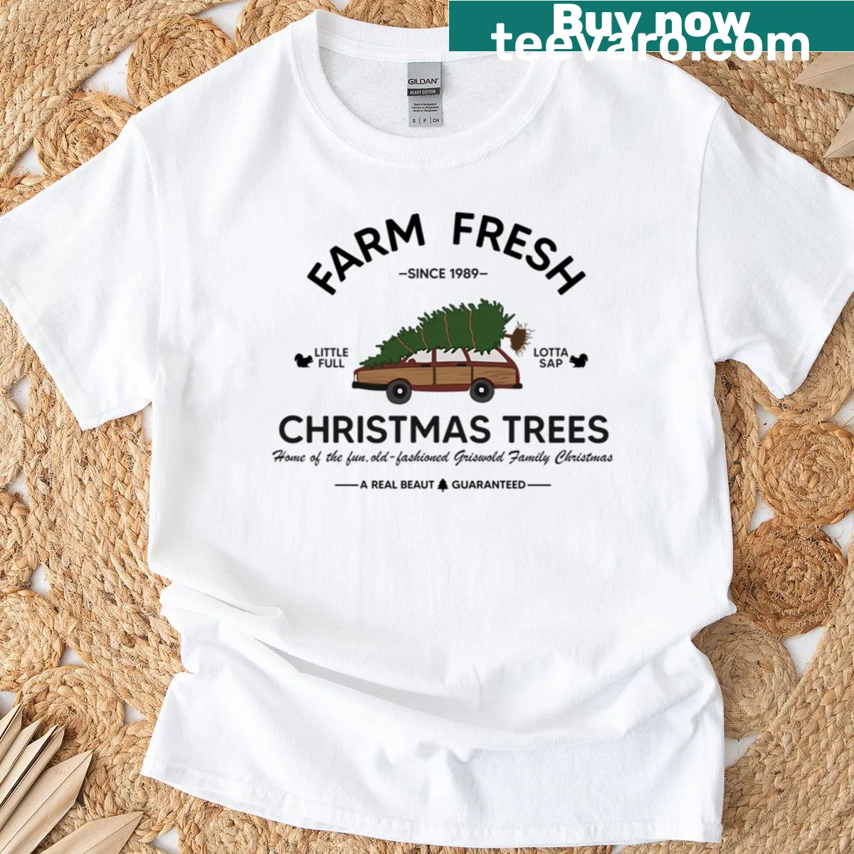 Oversized T-shirt featuring a nostalgic family Christmas tree farm illustration — on a men's t-shirt