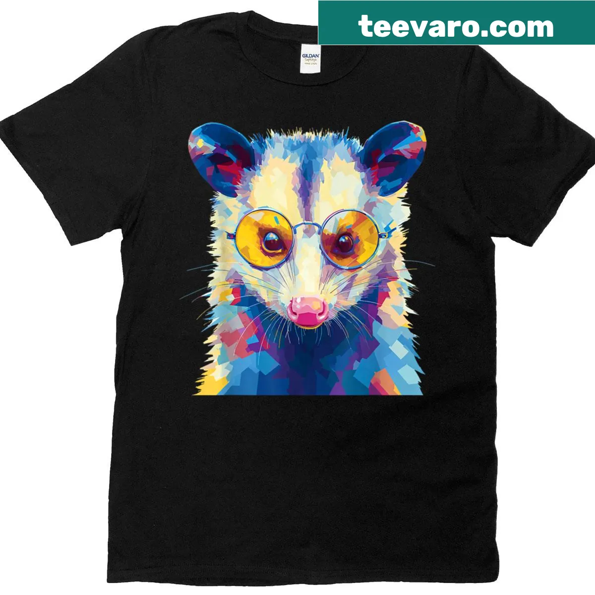Playful opossum wearing sunglasses graphic on T-shirt — on a men's t-shirt