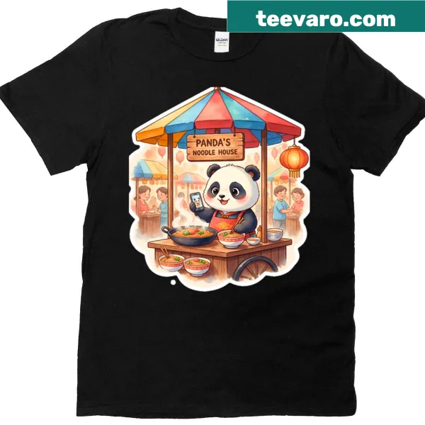 Whimsical T-shirt with a panda chef at a noodle stand design.