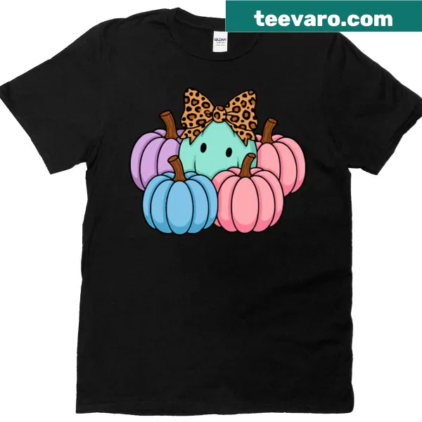 Cute pastel pumpkins with a leopard bow illustrated on t-shirt