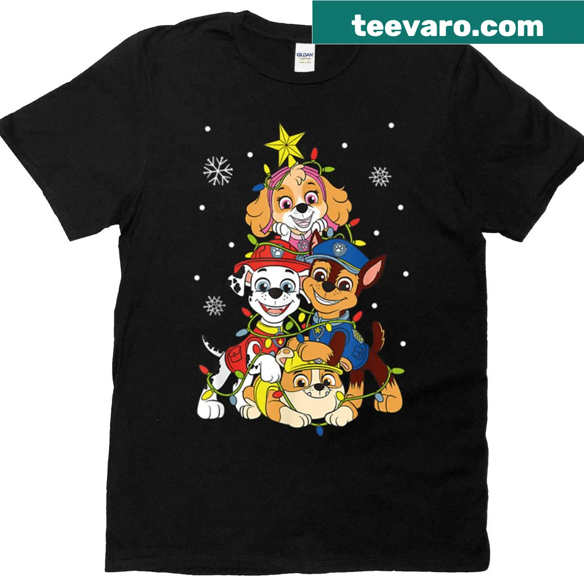 Paw Patrol characters around a Christmas tree on oversized t-shirt — on a men's t-shirt