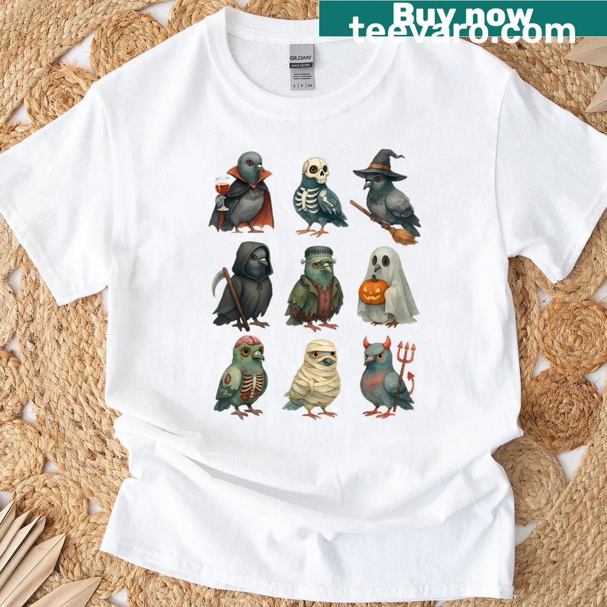 Cartoon Halloween T-shirt with spooky pigeon witch graphics — on a men's t-shirt