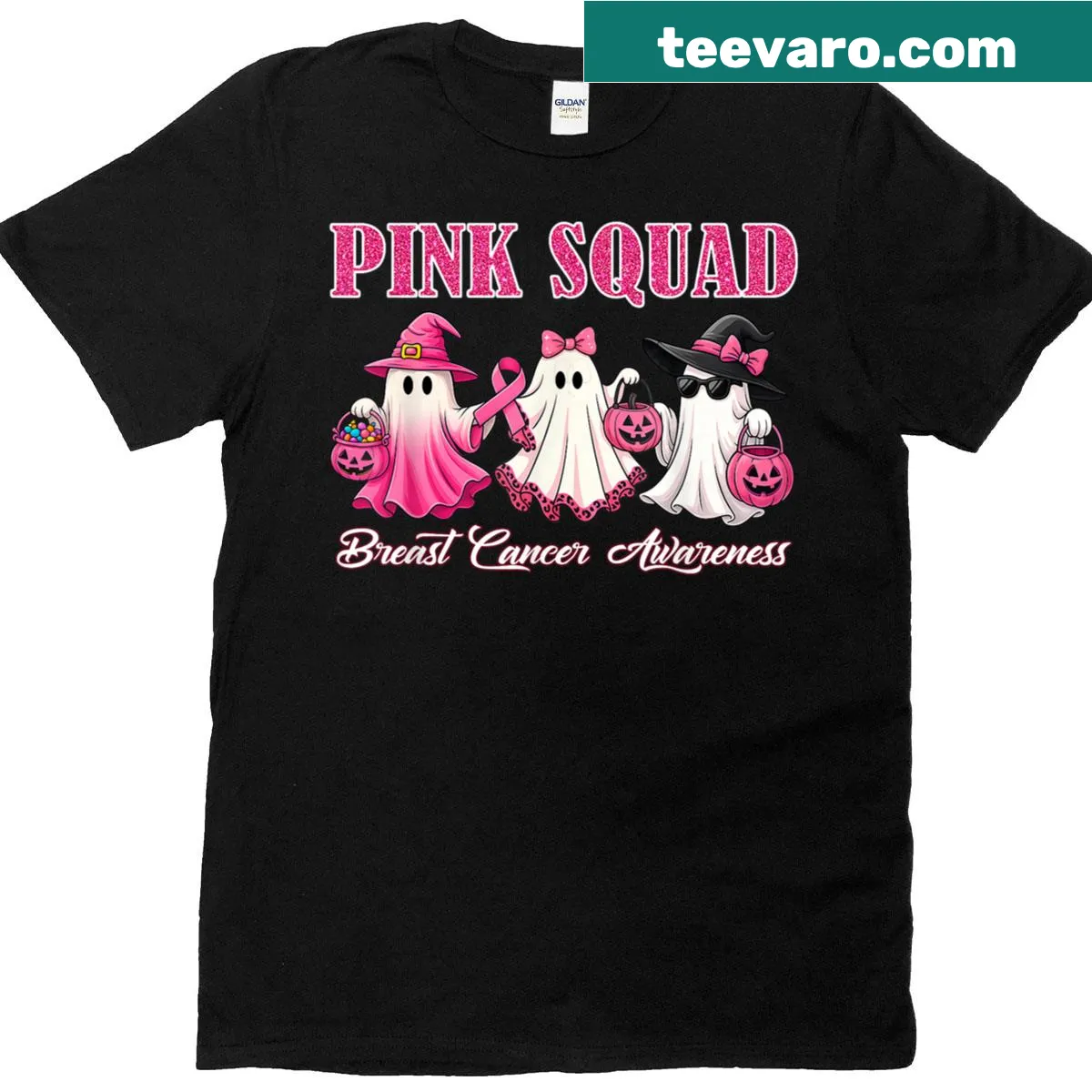 Cute Halloween T-shirt with pink ribbon ghosts and pumpkins — on a men's t-shirt