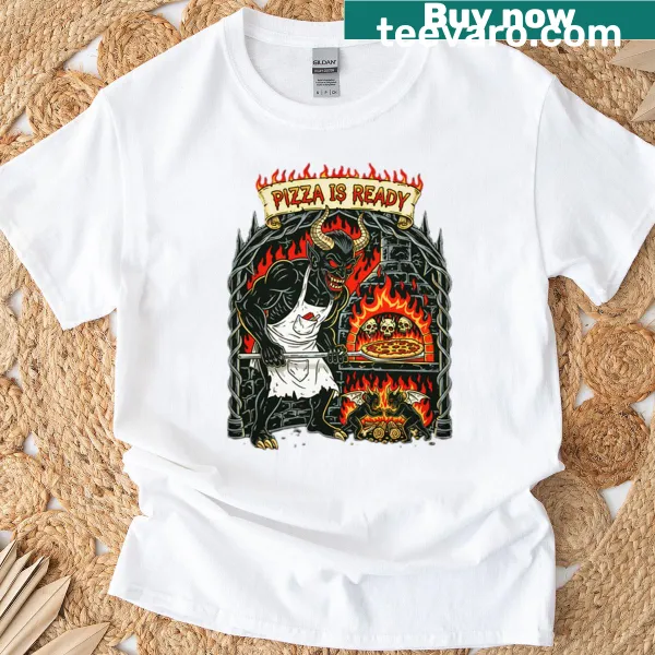 Retro horror shirt featuring a devil chef with a pizza