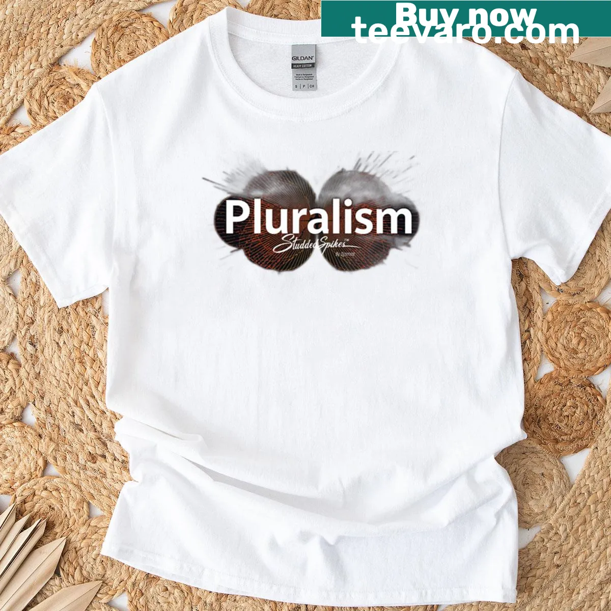 Bold typography shirt with the phrase 'Pluralism Studdedspikes By Djamee' — on a men's t-shirt