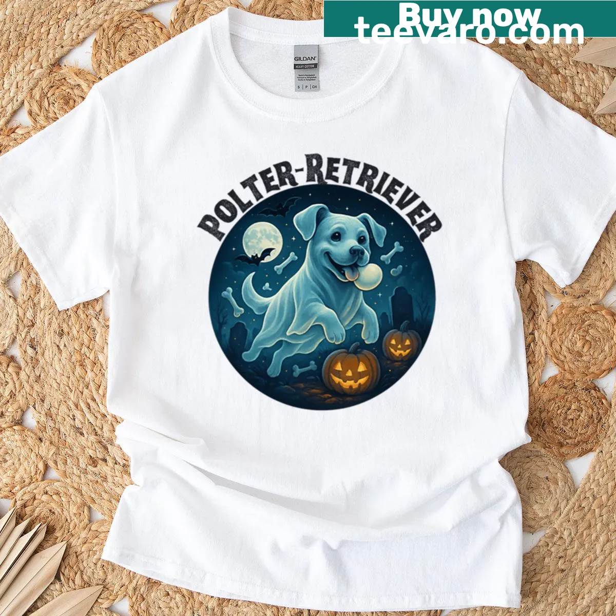Funny Halloween t-shirt with a ghostly golden retriever illustration — on a men's t-shirt