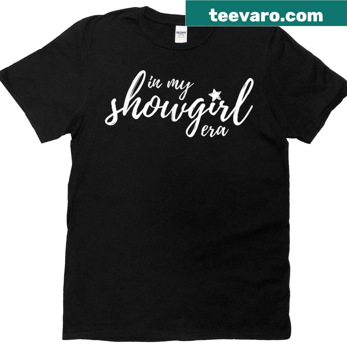 Showgirl-themed T-shirt with stylish script celebrating a glamorous era — on a men's t-shirt
