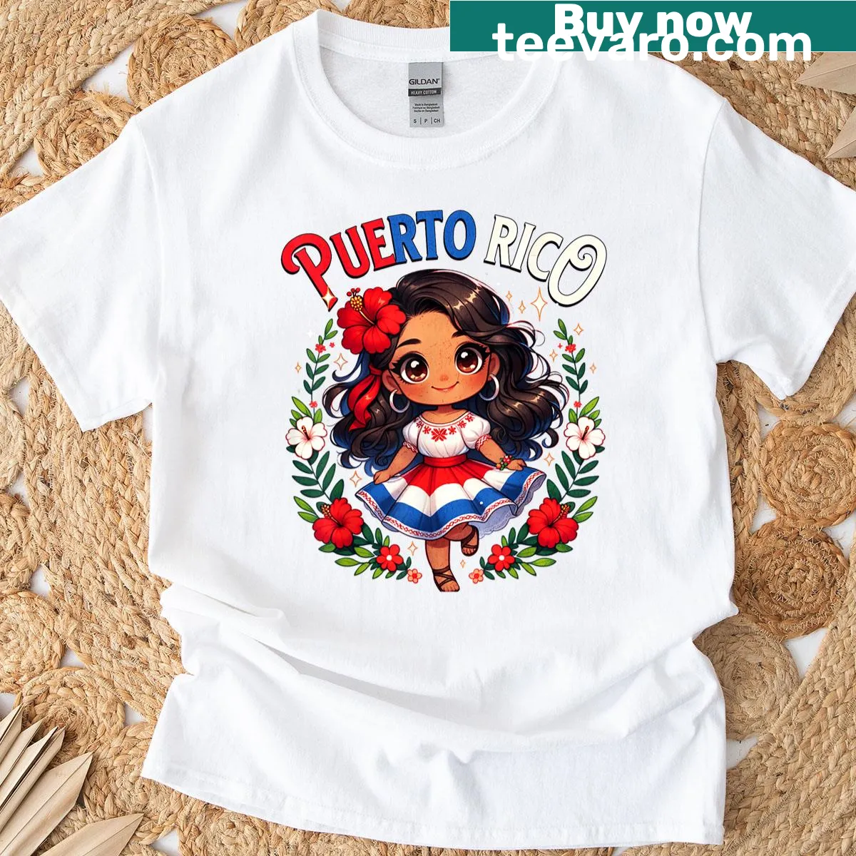 Cute girl in traditional dress graphic celebrating Puerto Rican culture — on a men's t-shirt