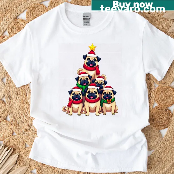 Cute illustration of a pug as a Christmas ornament on a tree