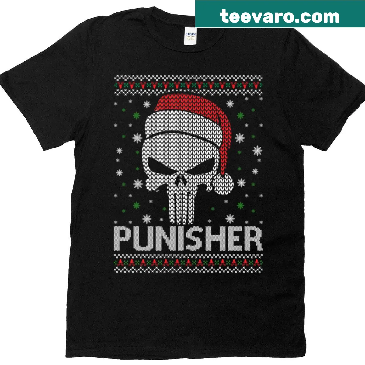 Punisher skull graphic on an oversized ugly Christmas T-shirt — on a men's t-shirt