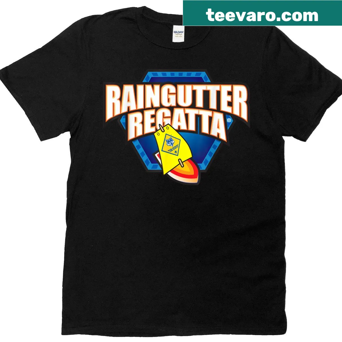 Playful design celebrating Raingutter Regatta on a t-shirt — on a men's t-shirt