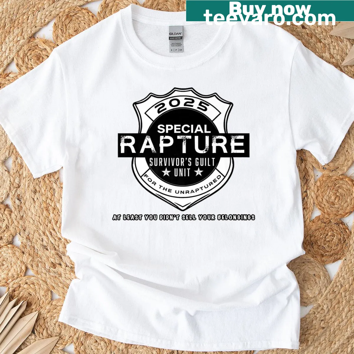 Intricate survival gear graphic on post-apocalyptic themed t-shirt — on a men's t-shirt