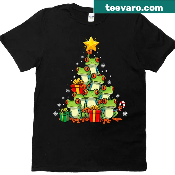Frog hanging on Christmas tree lights with humorous text
