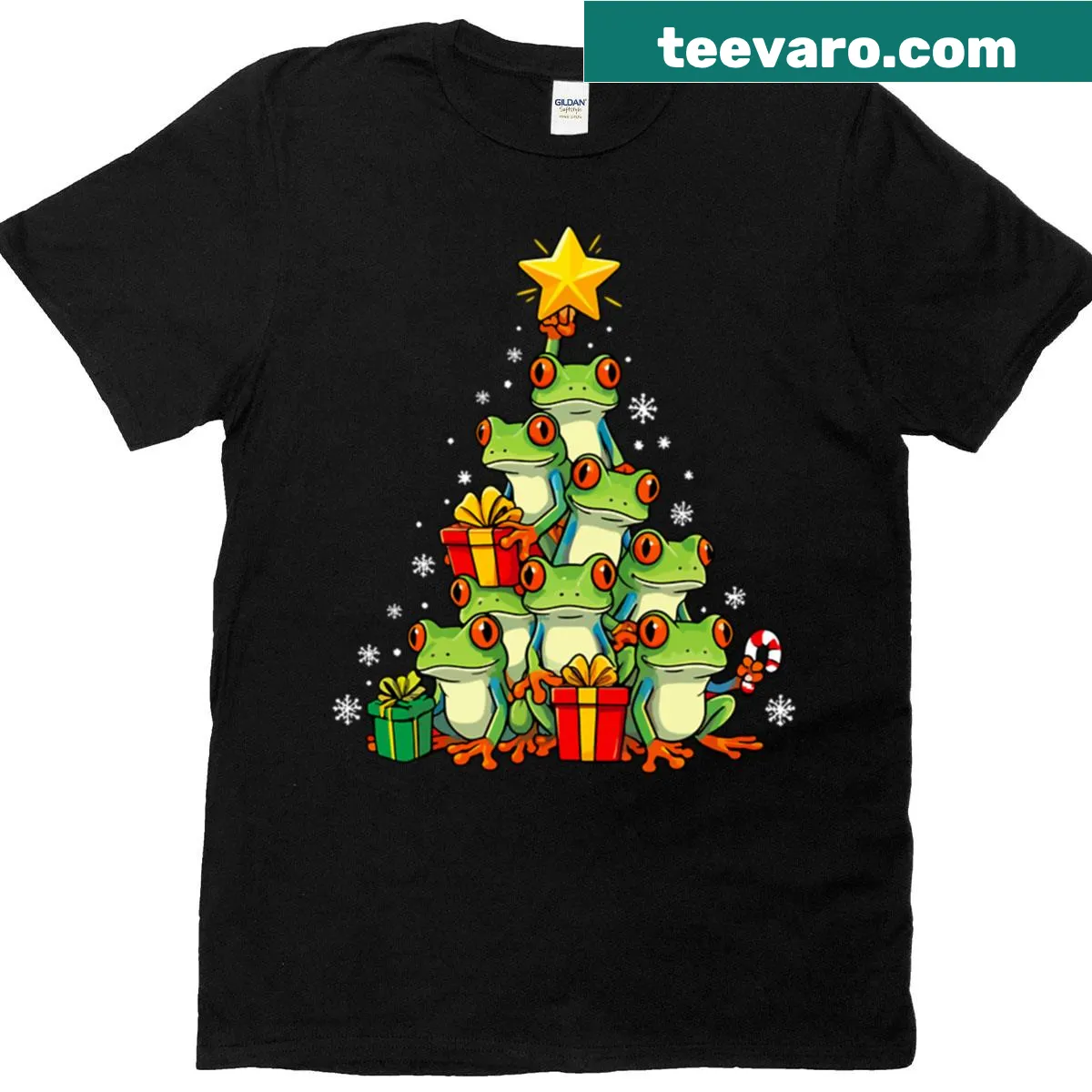 Frog hanging on Christmas tree lights with humorous text — on a men's t-shirt