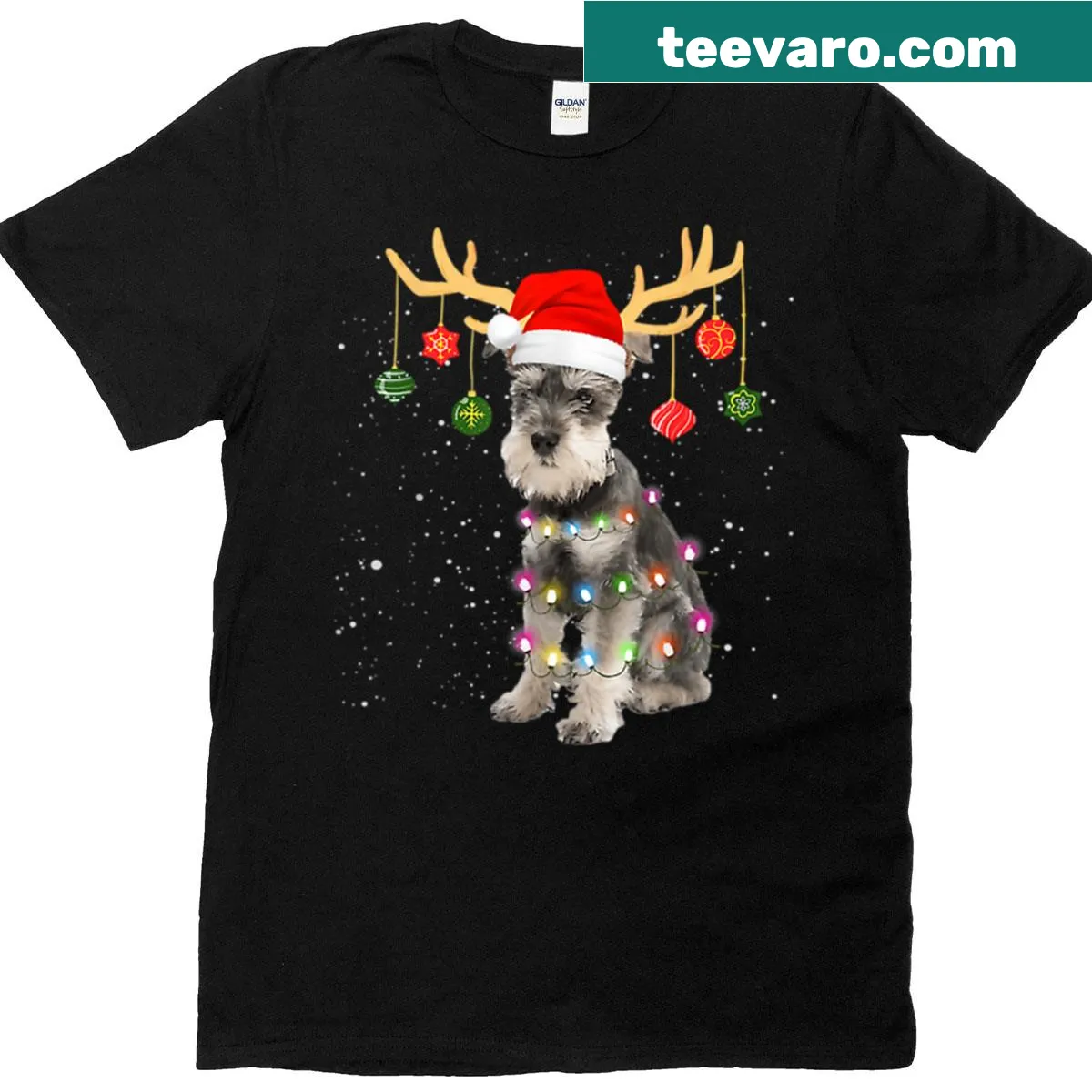 Oversized t-shirt featuring a schnauzer dog in Santa attire. — on a men's t-shirt