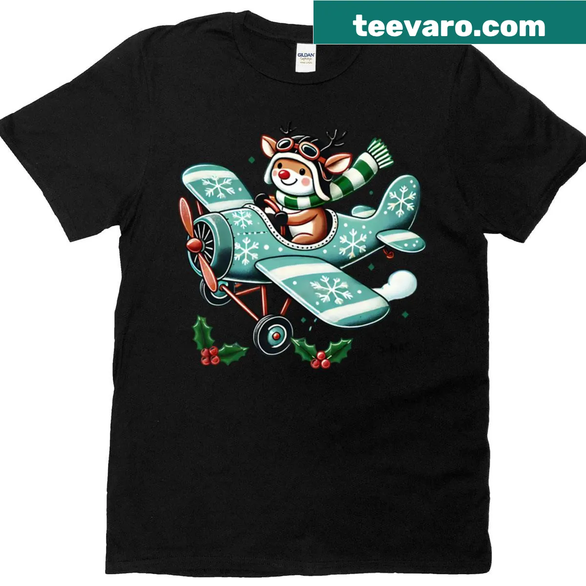 Vintage airplane t-shirt featuring a reindeer pilot graphic — on a men's t-shirt