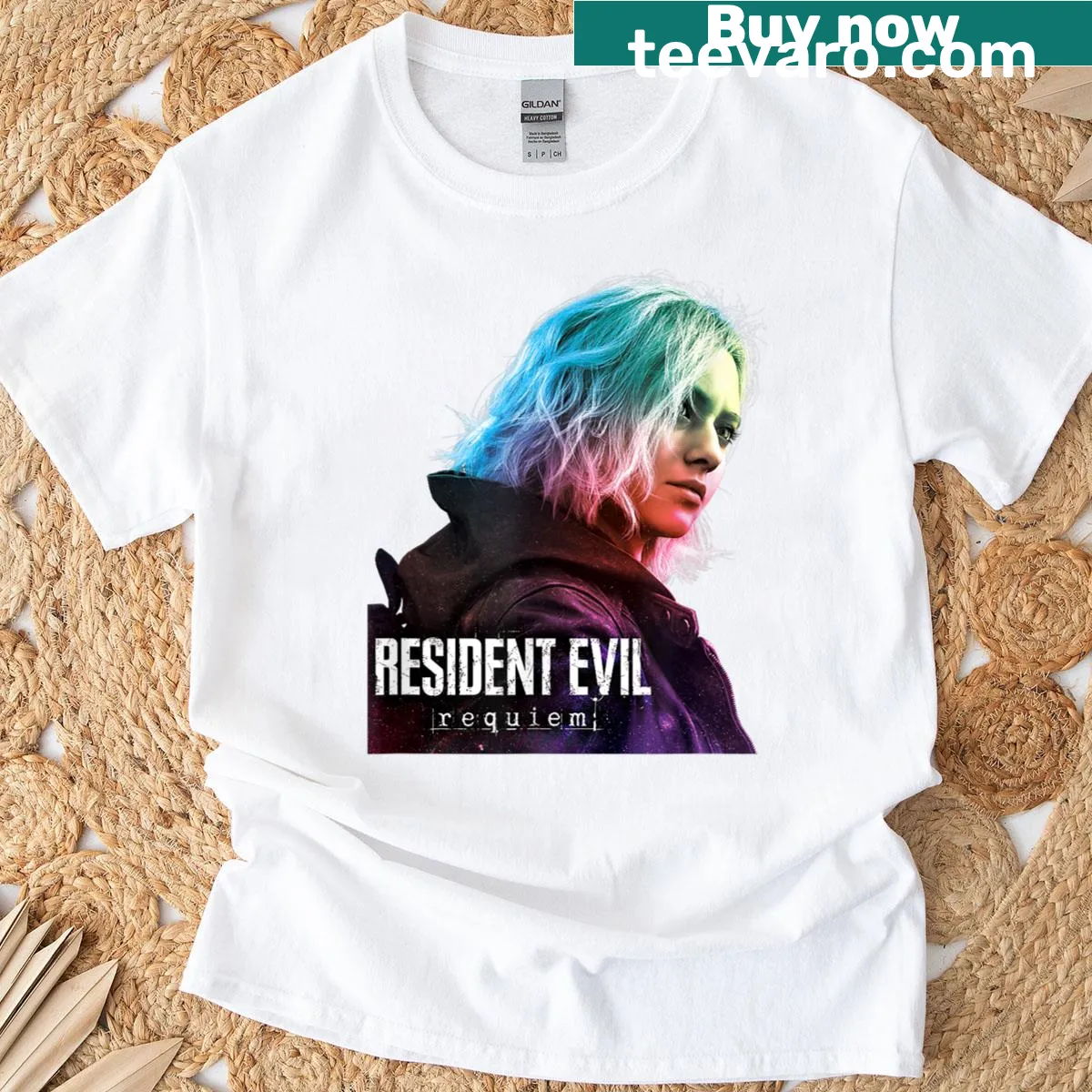 Resident Evil inspired gaming design T-shirt with iconic game elements — on a men's t-shirt